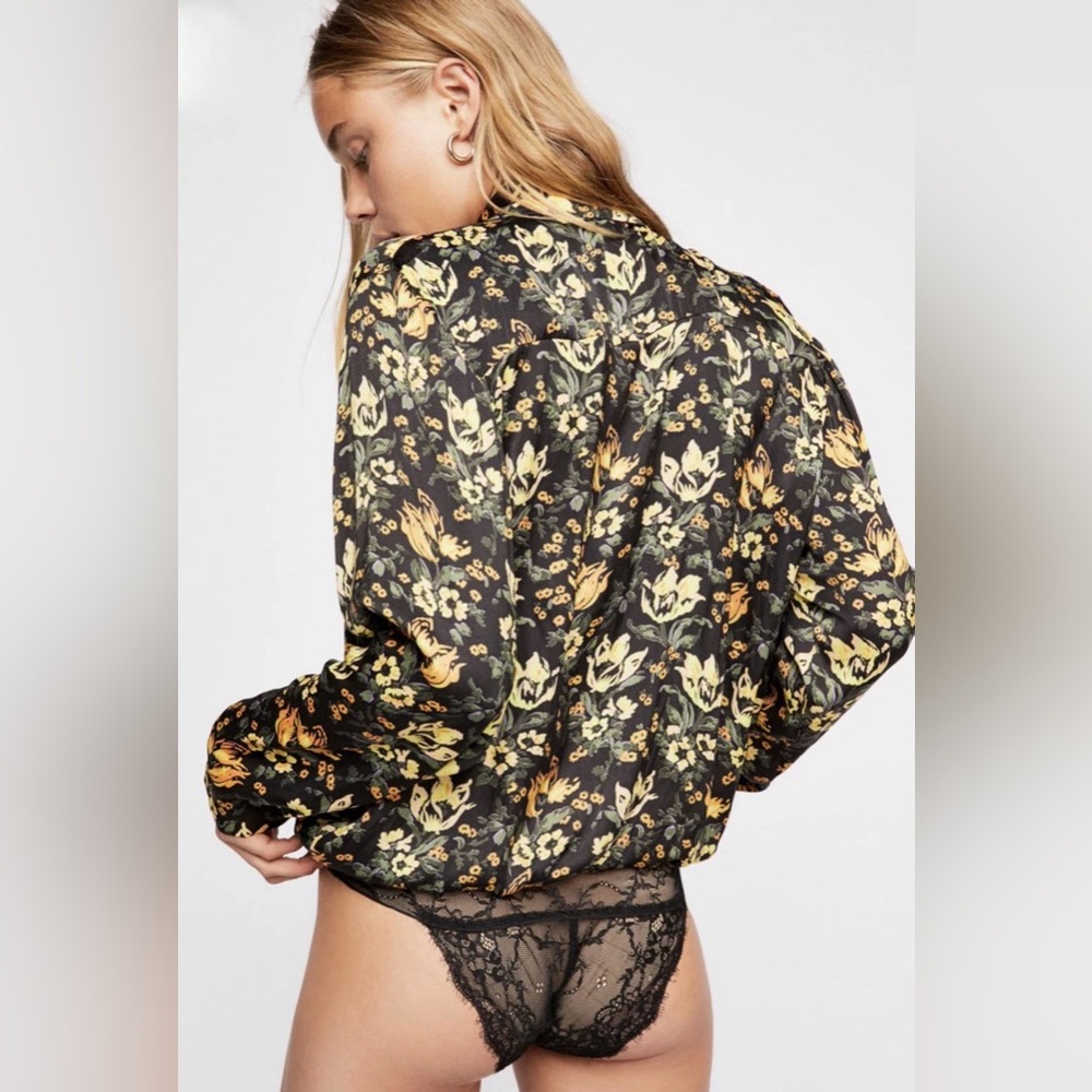Free People Intimately Floral Wrap Bodysuit Lace Bottom Boho Top M
